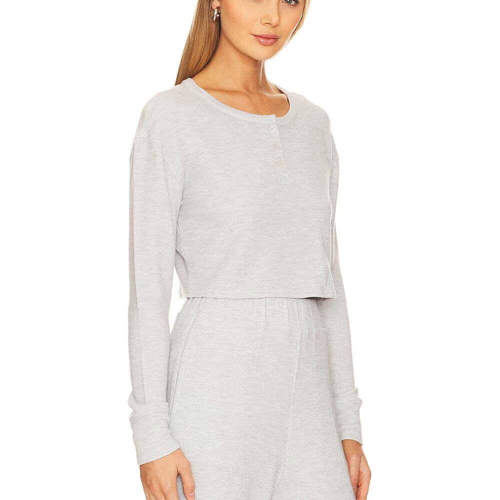 Revolve Grey Henley Crop Top SMALL Thermal Waffle Heathered Athleisure $100 NEW - Picture 2 of 6